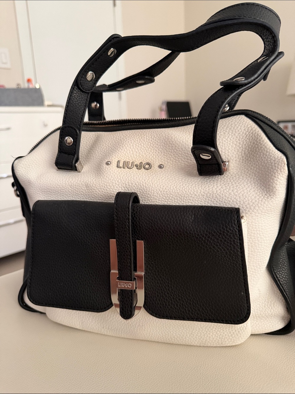 Liu Jo Black and White Pebbled Leather Satchel